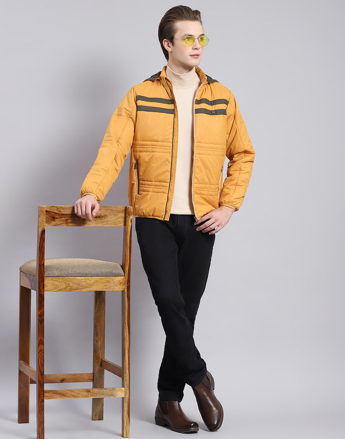 Men Mustard Solid Hooded Full Sleeve Jacket