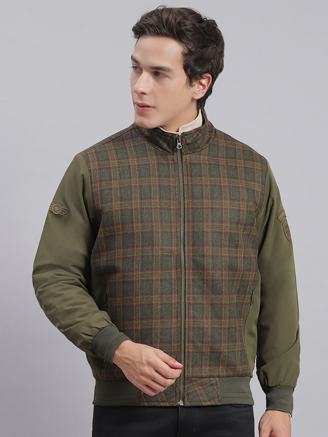 Men Olive Check Stand Collar Full Sleeve Jackets