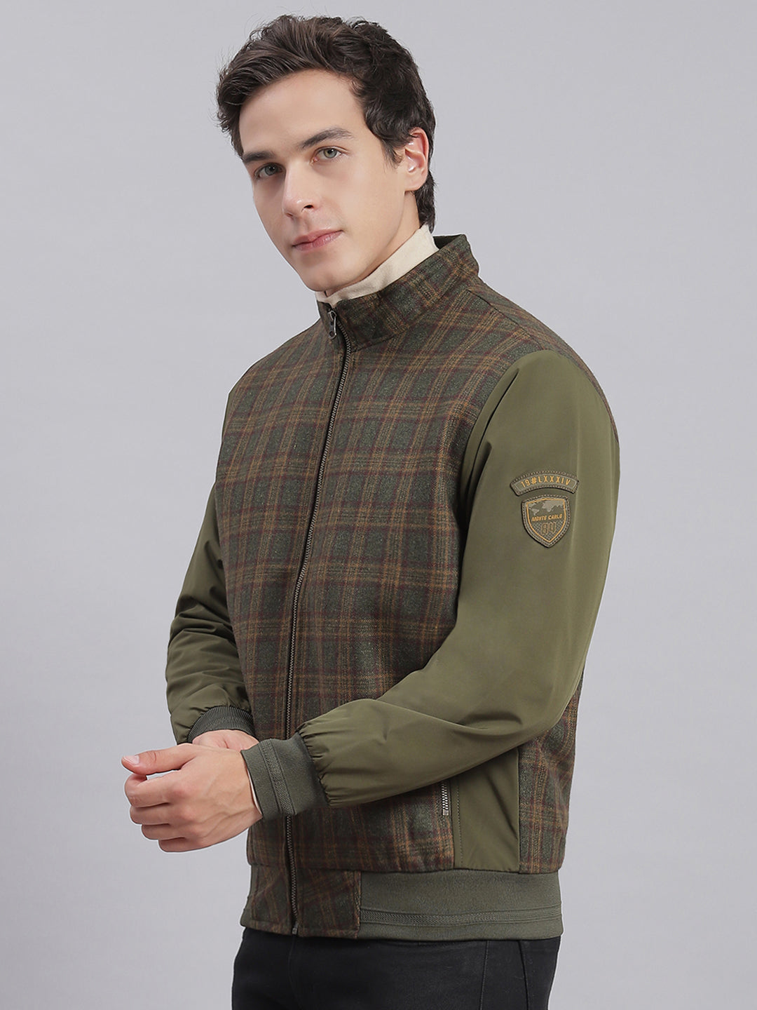 Men Olive Check Stand Collar Full Sleeve Jackets