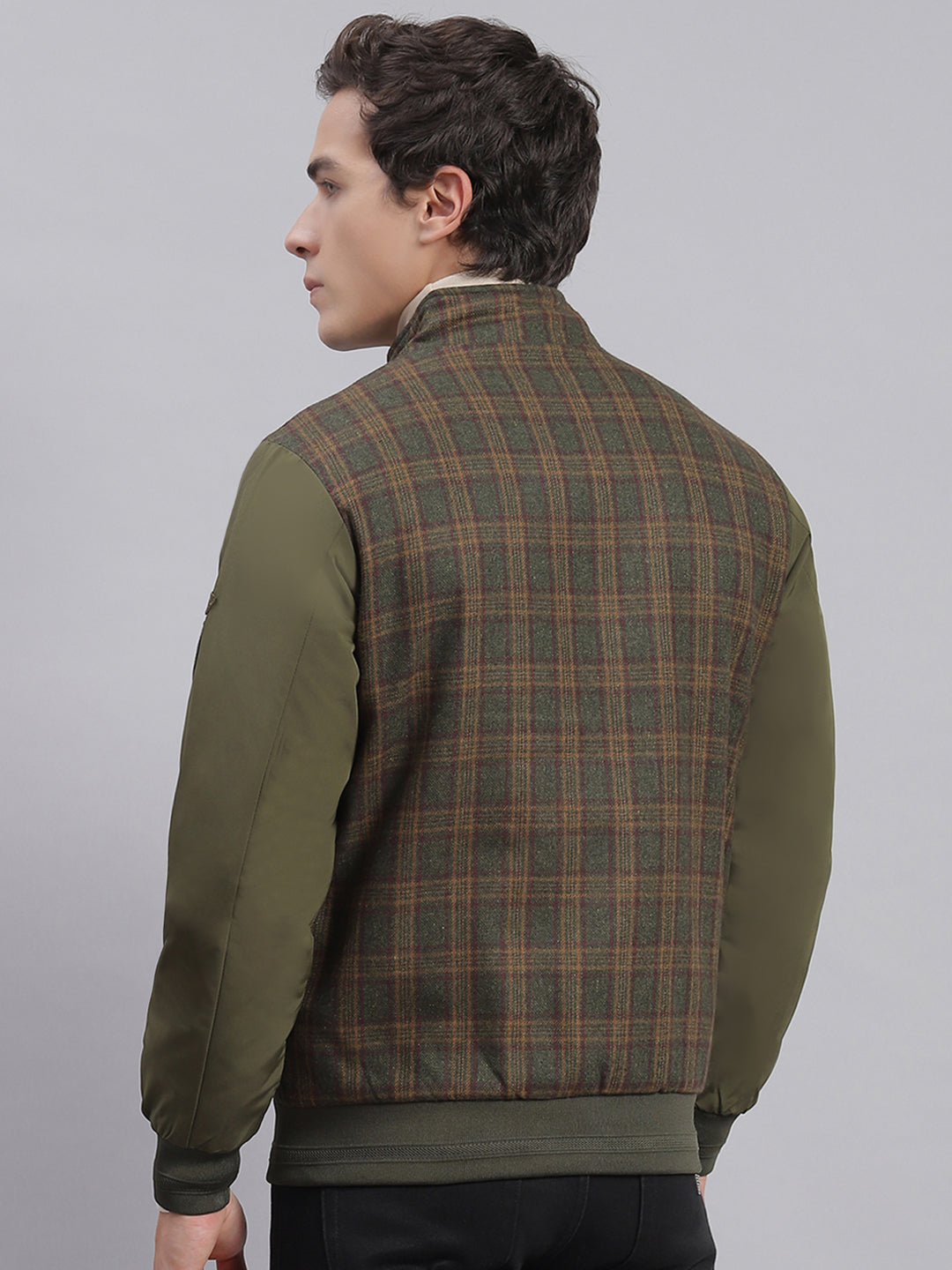 Men Olive Check Stand Collar Full Sleeve Jackets