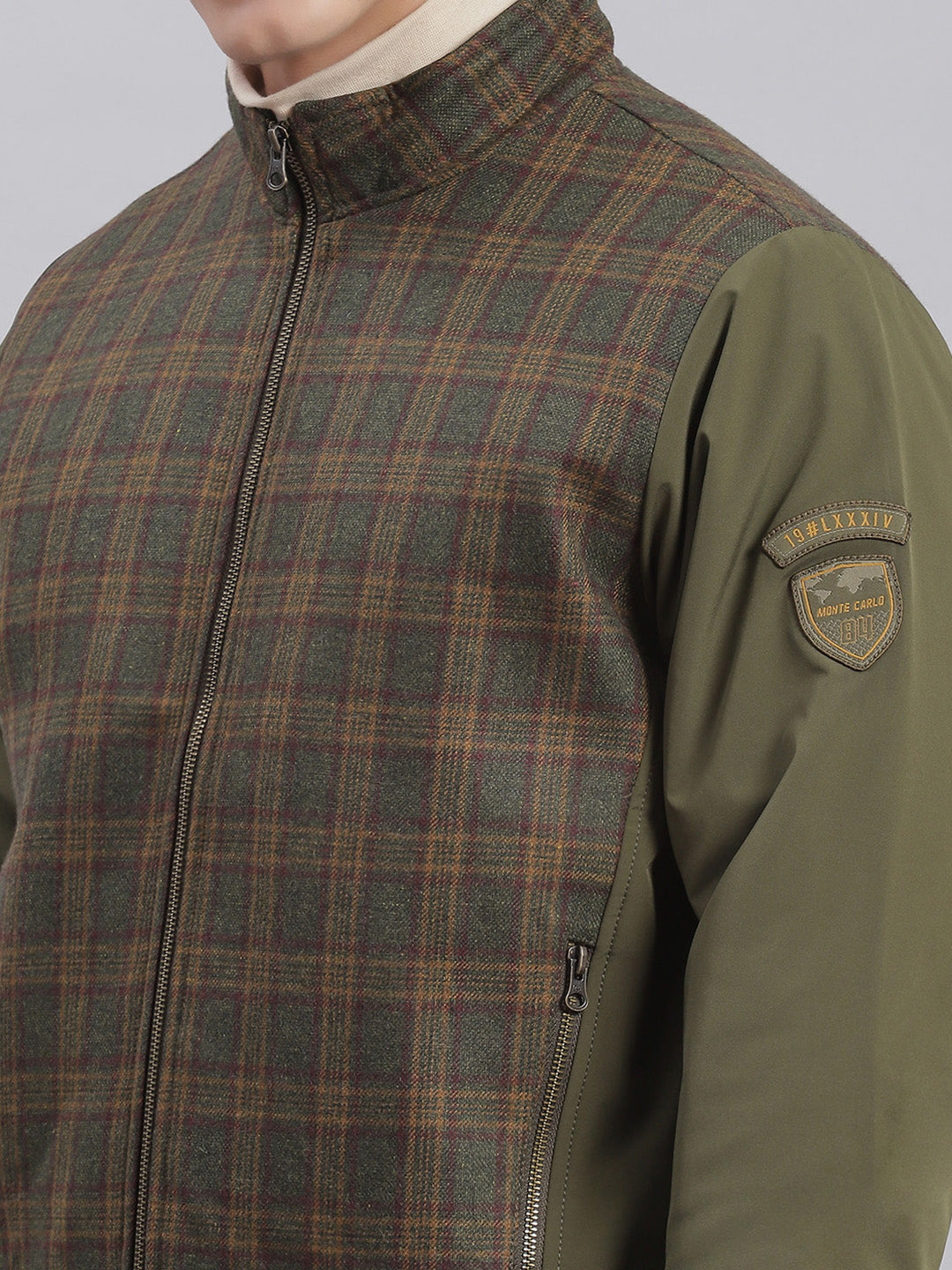 Men Olive Check Stand Collar Full Sleeve Jackets