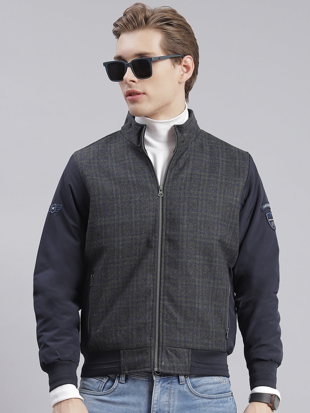 Men Navy Blue Check Stand Collar Full Sleeve Jackets