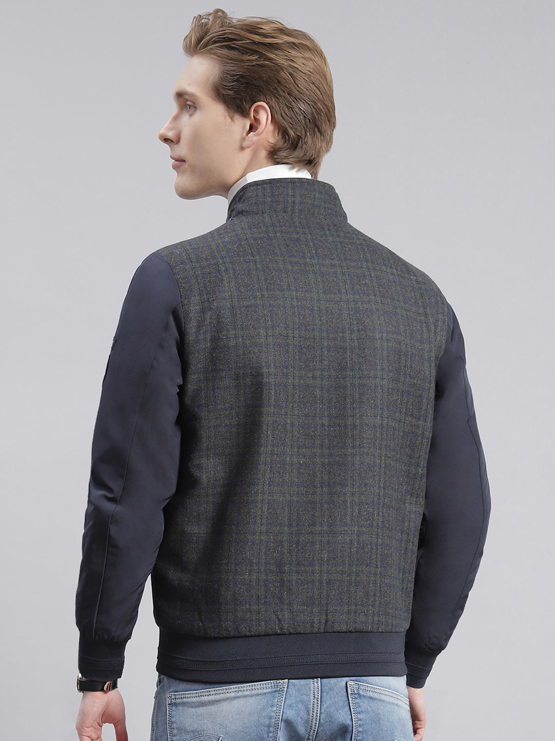 Men Navy Blue Check Stand Collar Full Sleeve Jackets