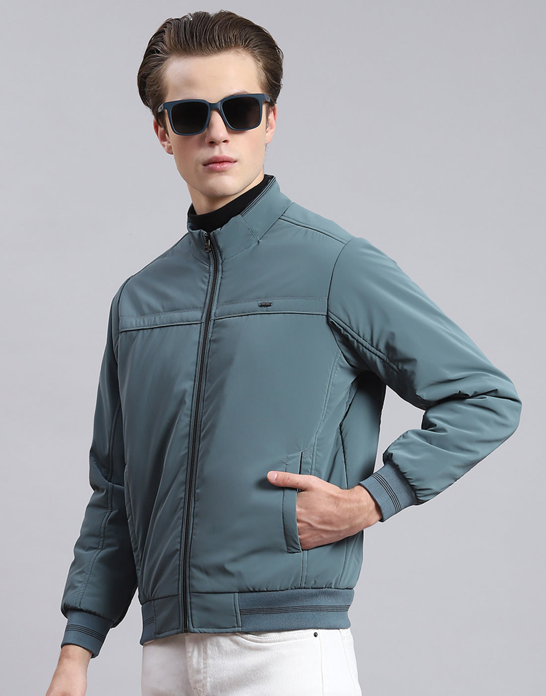 Men Teal Blue Solid Stand Collar Full Sleeve Jacket