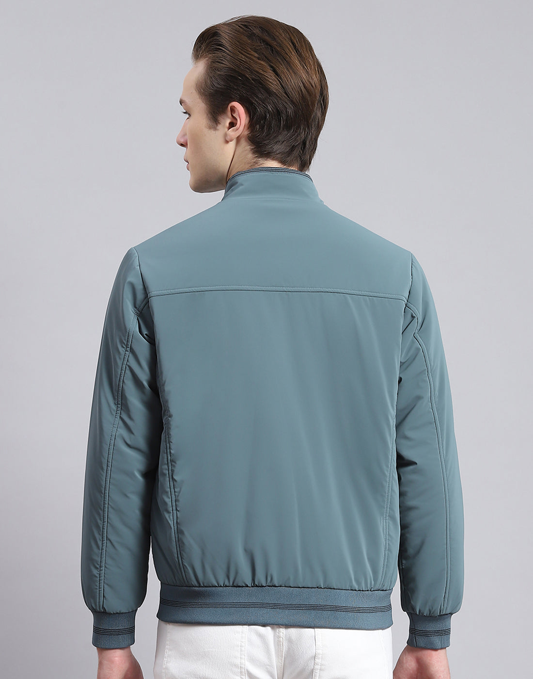 Men Teal Blue Solid Stand Collar Full Sleeve Jacket