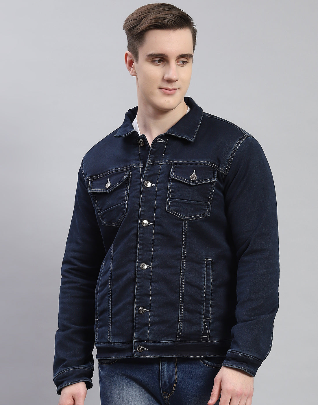 Men Navy Blue Solid Collar Full Sleeve Jacket