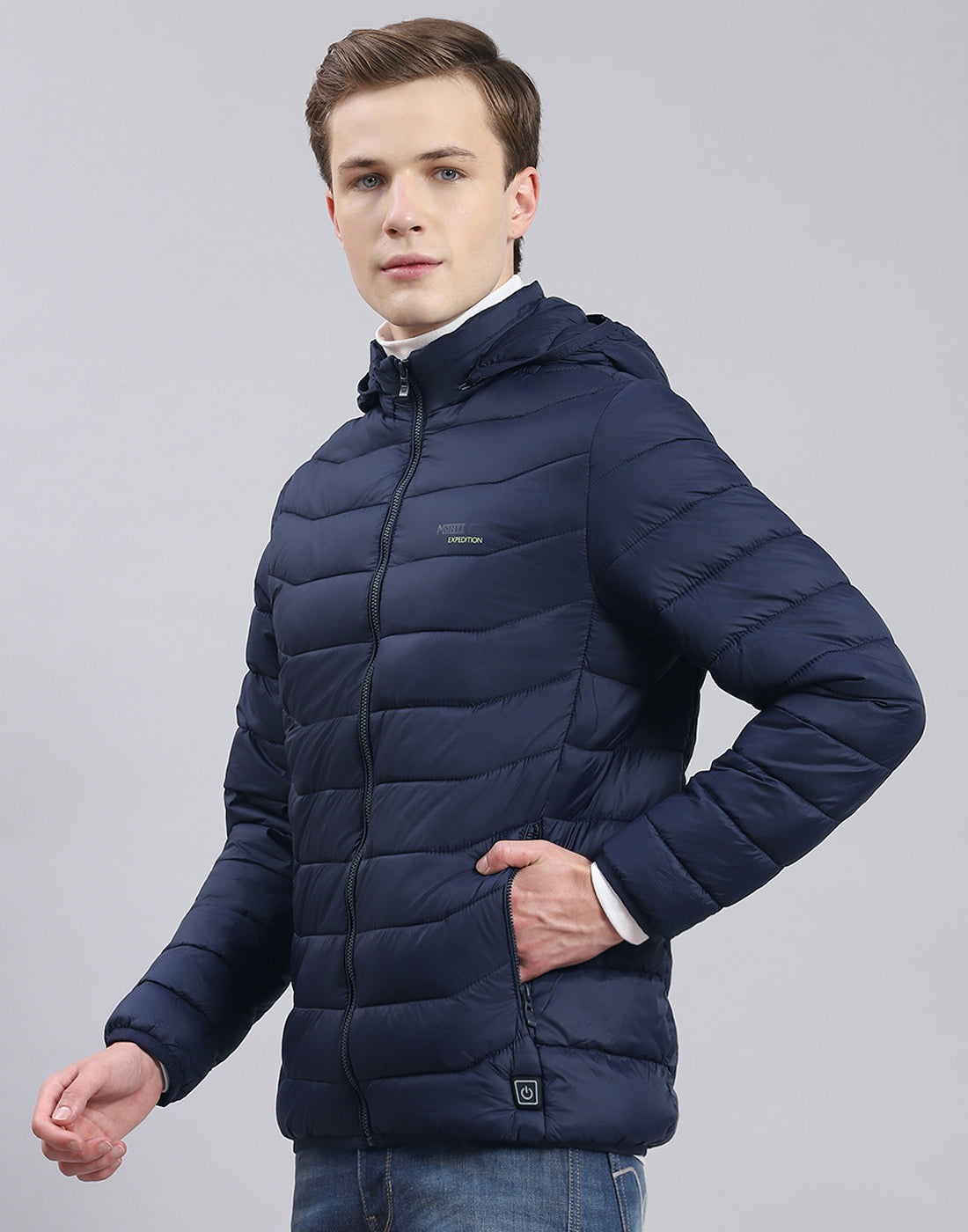 Men Navy Blue Solid Hooded Full Sleeve Heating Jacket