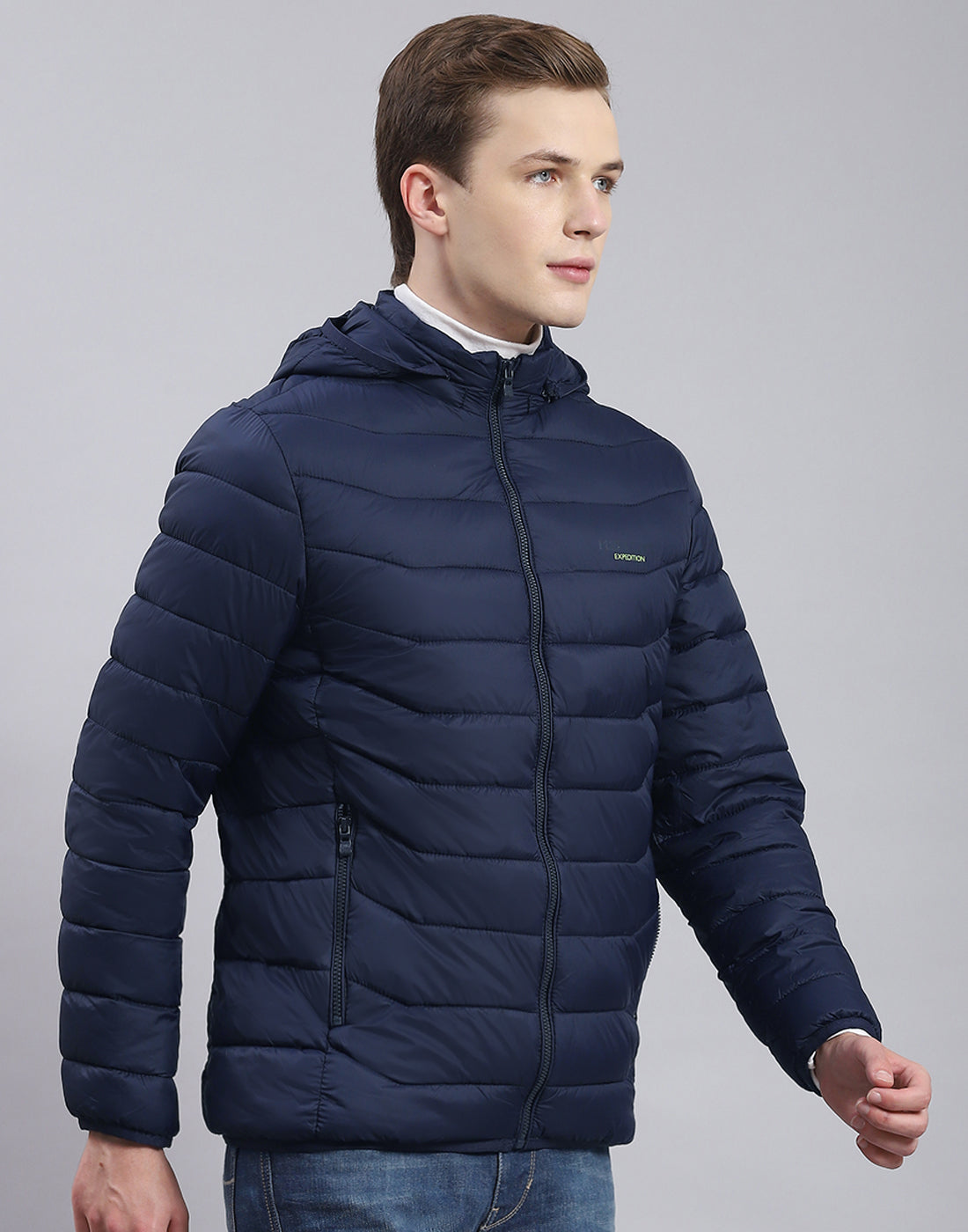 Men Navy Blue Solid Hooded Full Sleeve Heating Jacket
