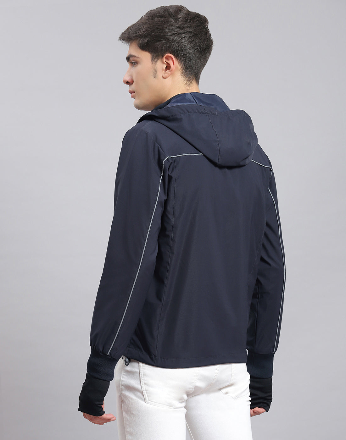 Men Navy Blue Solid Hooded Full Sleeve Jacket