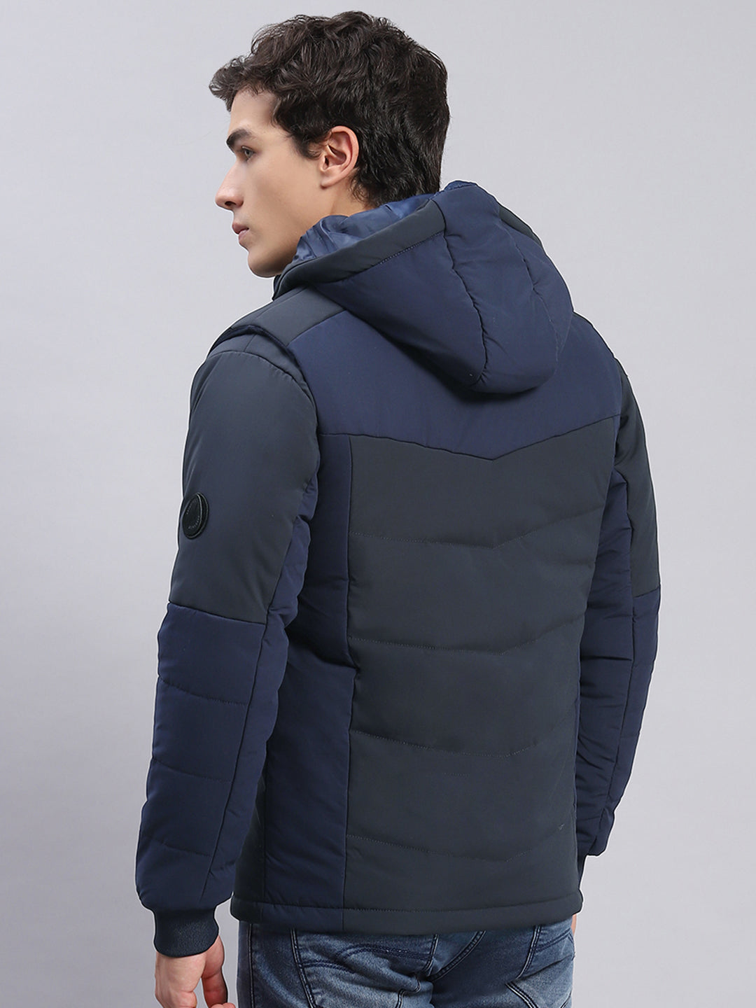 Men Navy Blue Solid Hooded Full Sleeve Jackets