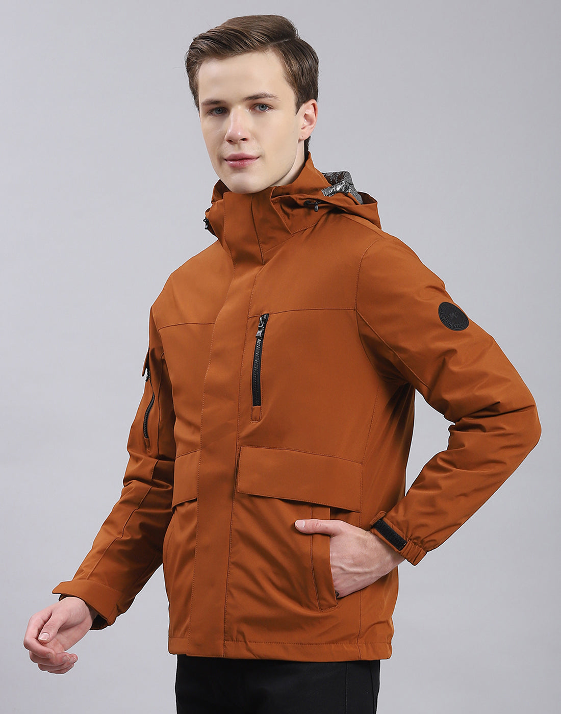 Men Brown Solid Hooded Full Sleeve Jacket