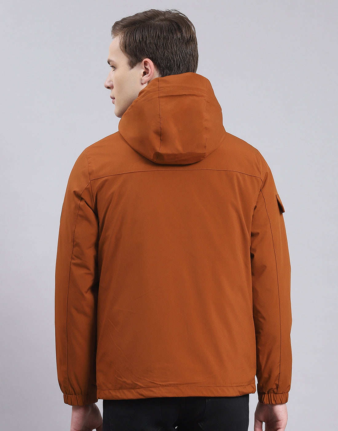 Men Brown Solid Hooded Full Sleeve Jacket