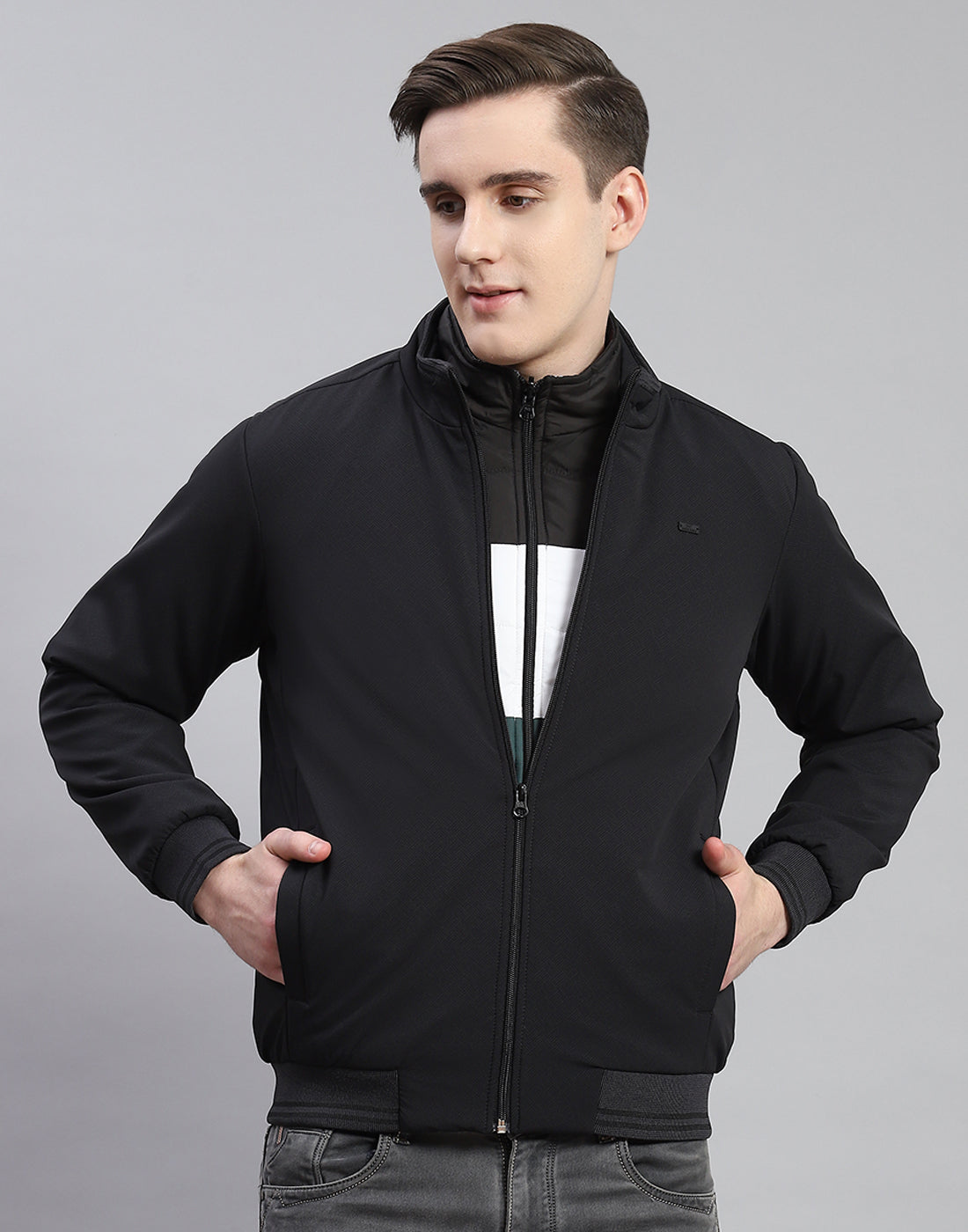 Men Black Solid Stand Collar Full Sleeve Reversible Jacket - 2 Pc set