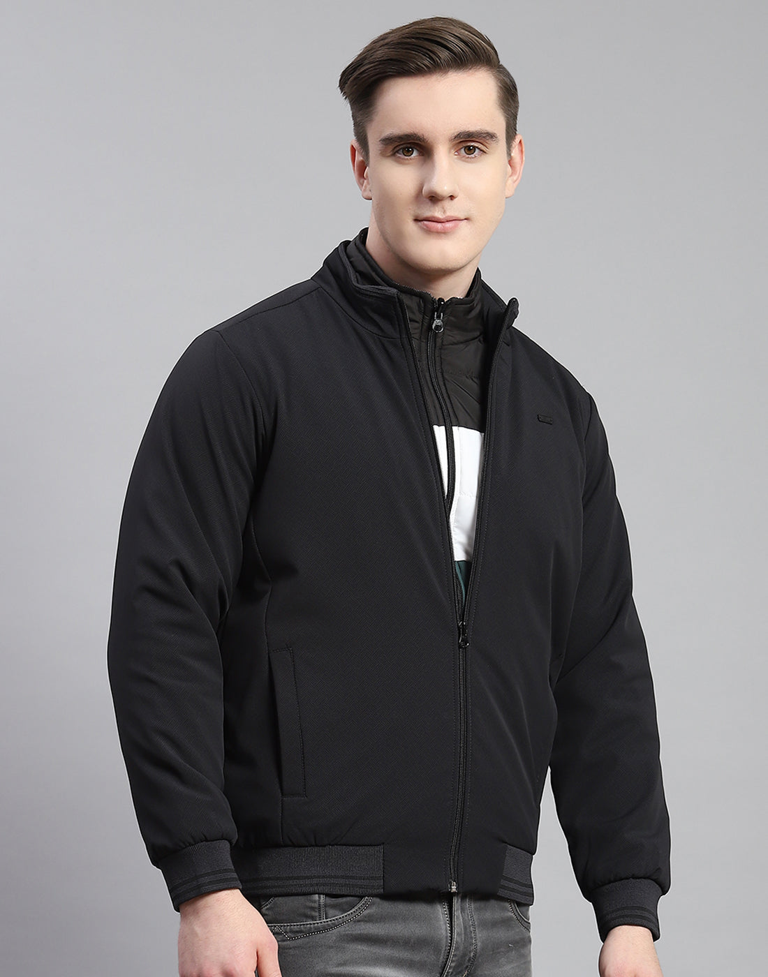 Men Black Solid Stand Collar Full Sleeve Reversible Jacket - 2 Pc set