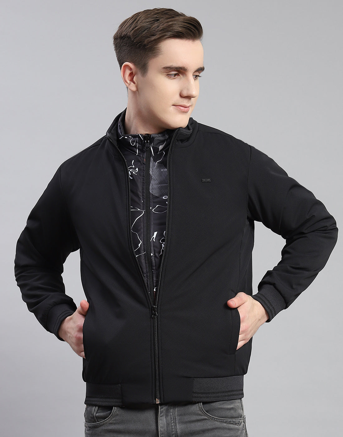 Men Black Solid Stand Collar Full Sleeve Reversible Jacket - 2 Pc set