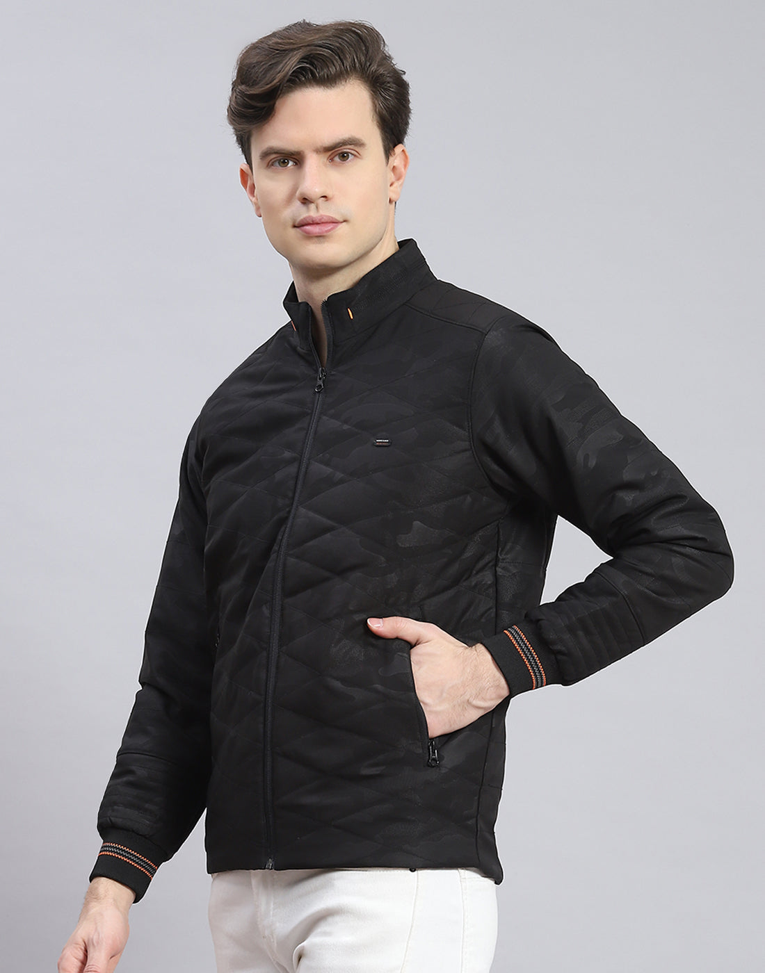 Men Black Solid Stand Collar Full Sleeve Jacket