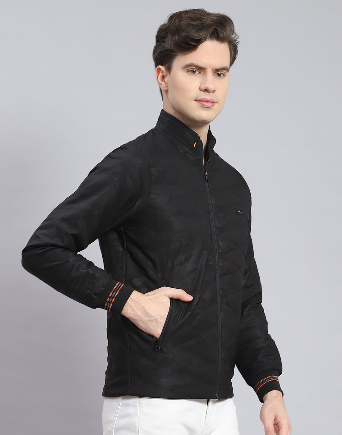 Men Black Solid Stand Collar Full Sleeve Jacket
