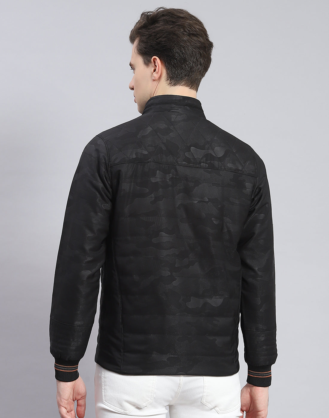 Men Black Solid Stand Collar Full Sleeve Jacket