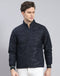 Men Navy Blue Solid Stand Collar Full Sleeve Jacket