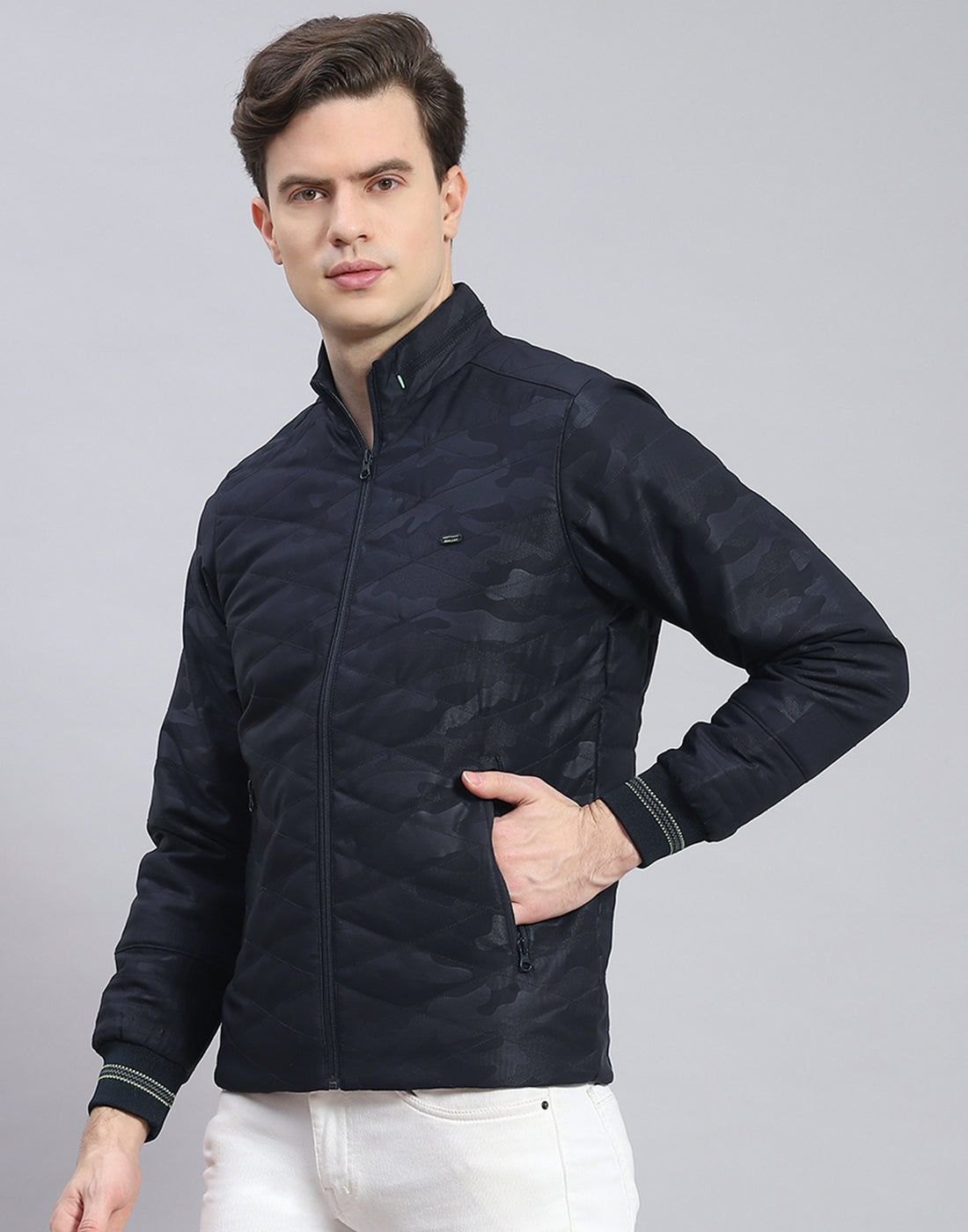 Men Navy Blue Solid Stand Collar Full Sleeve Jacket