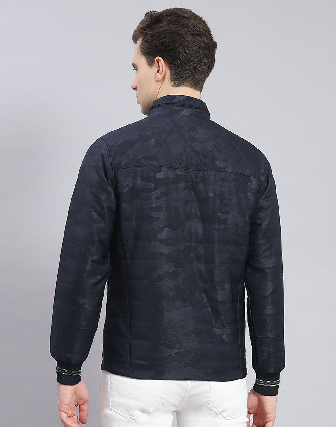 Men Navy Blue Solid Stand Collar Full Sleeve Jacket