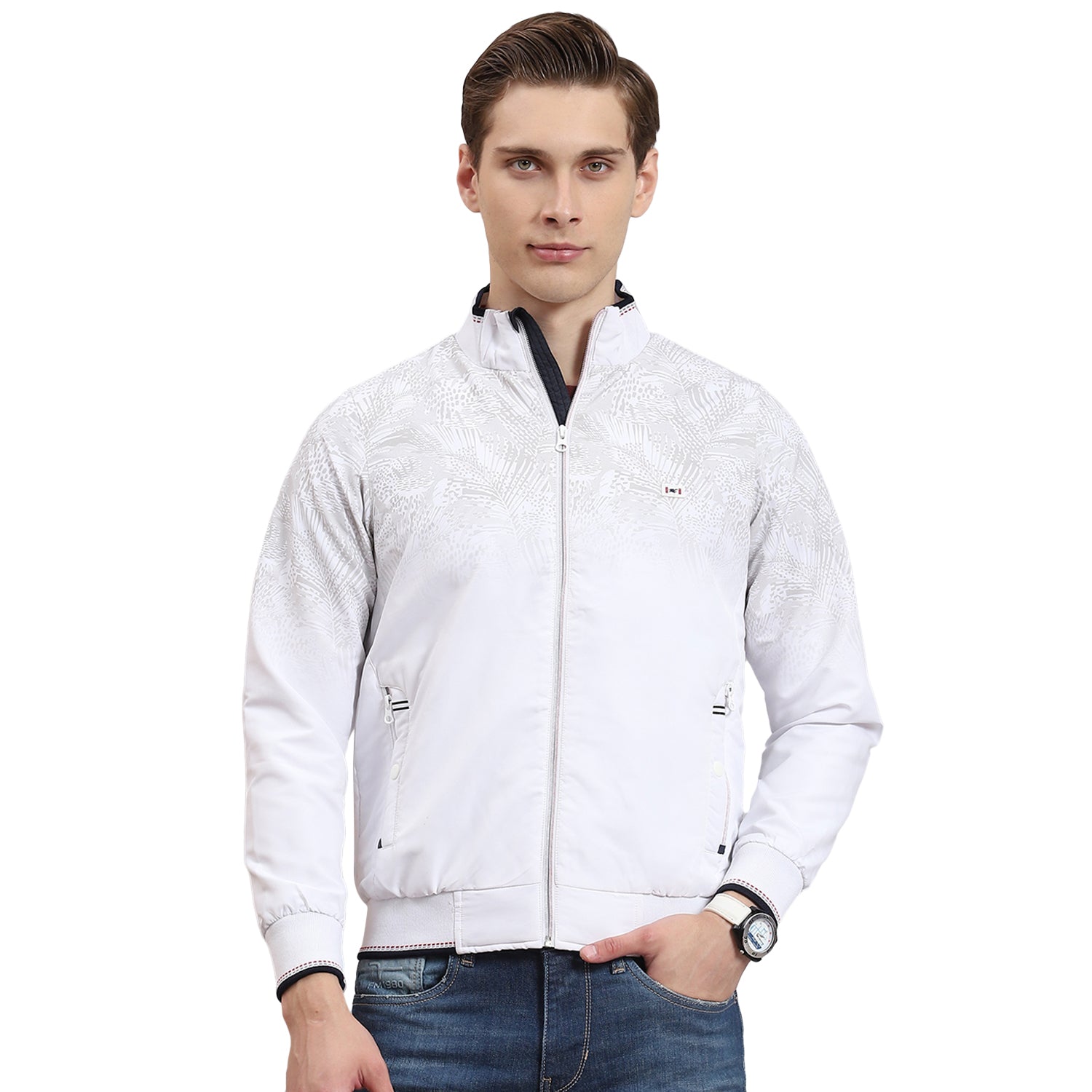 Men White Printed Stand Collar Full Sleeve Jacket