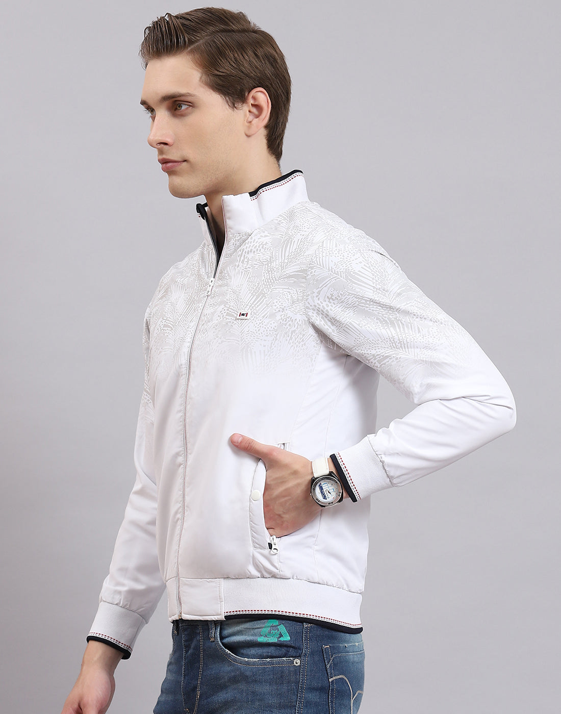 Men White Printed Stand Collar Full Sleeve Jacket