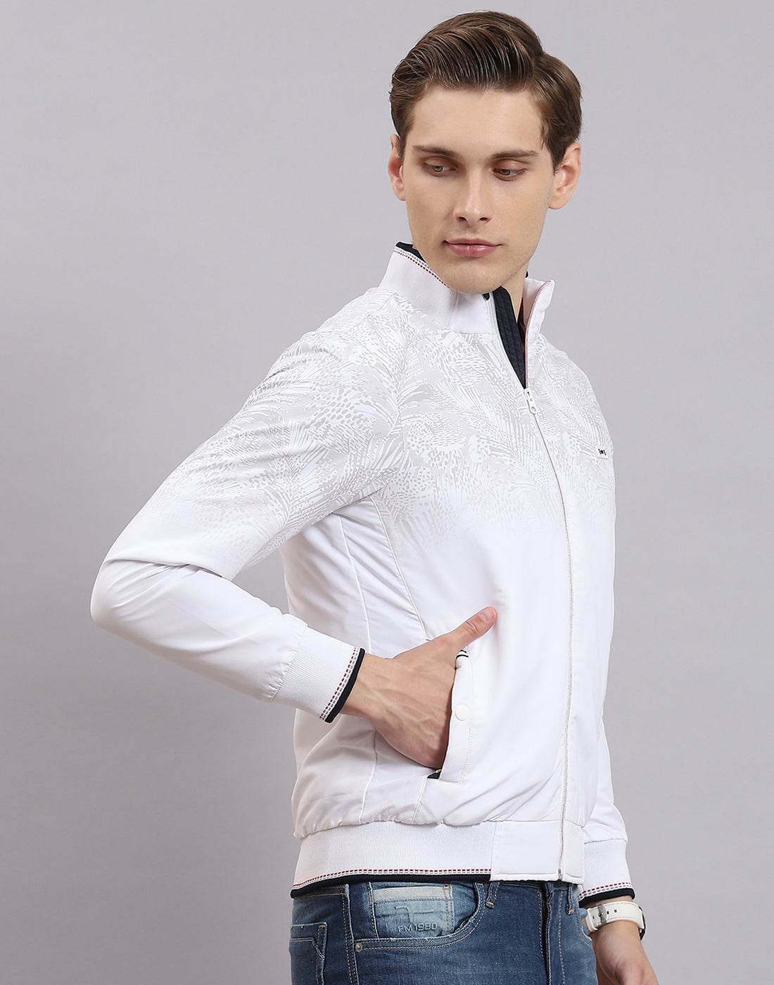 Men White Printed Stand Collar Full Sleeve Jacket