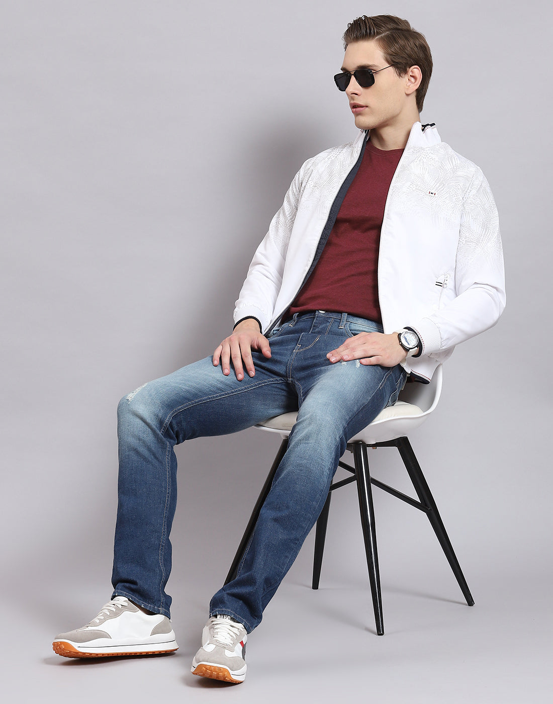 Men White Printed Stand Collar Full Sleeve Jacket