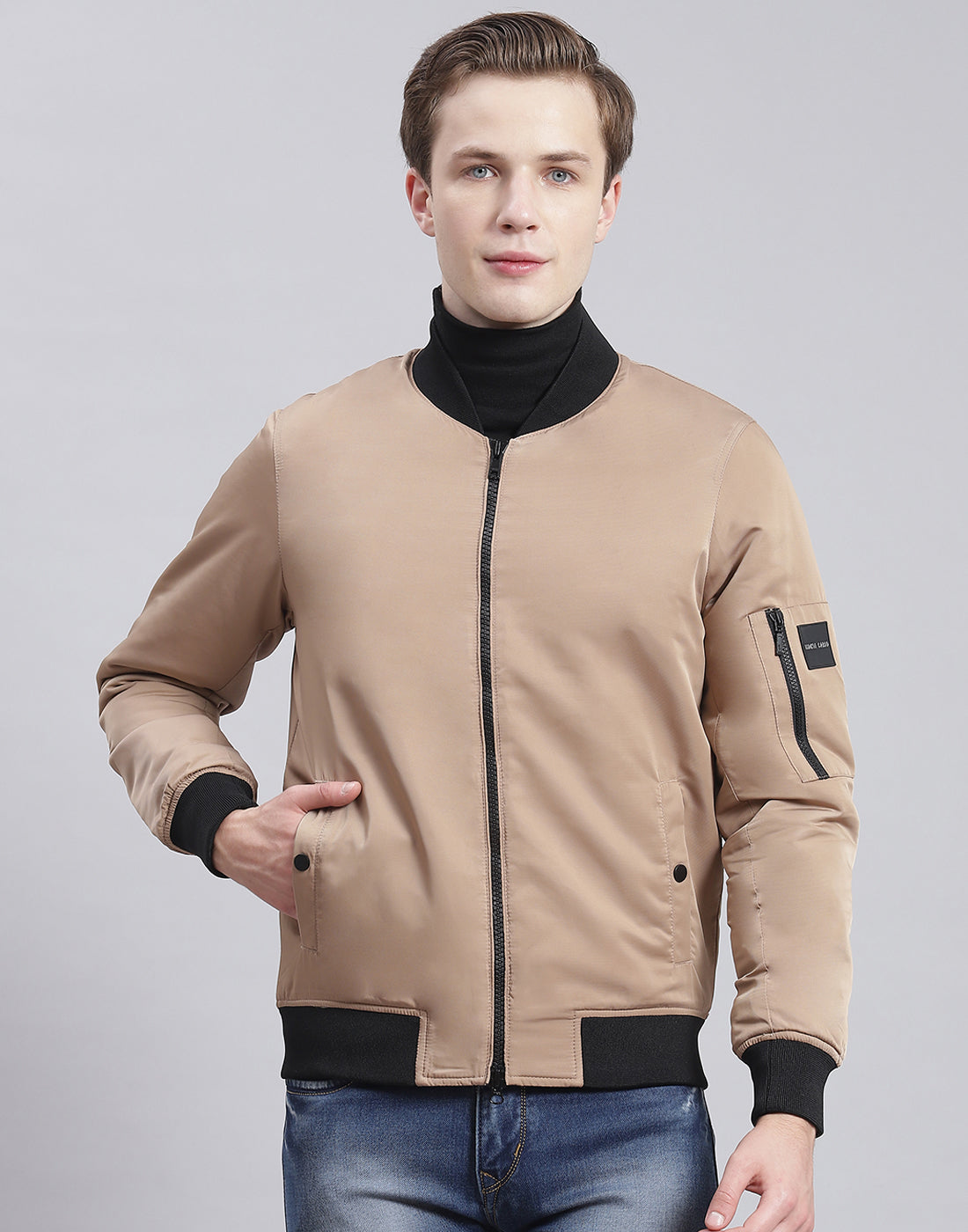 Men Beige Solid Stand Collar Full Sleeve Jacket