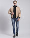 Men Beige Solid Stand Collar Full Sleeve Jacket