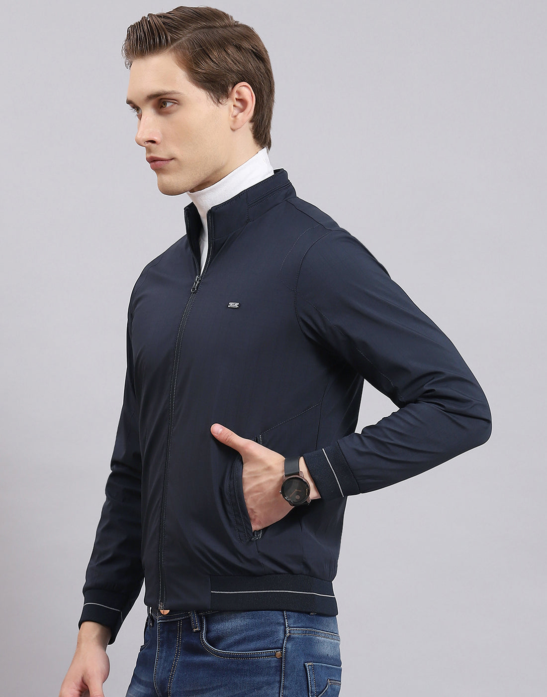 Men Navy Blue Printed Stand Collar Full Sleeve Jacket