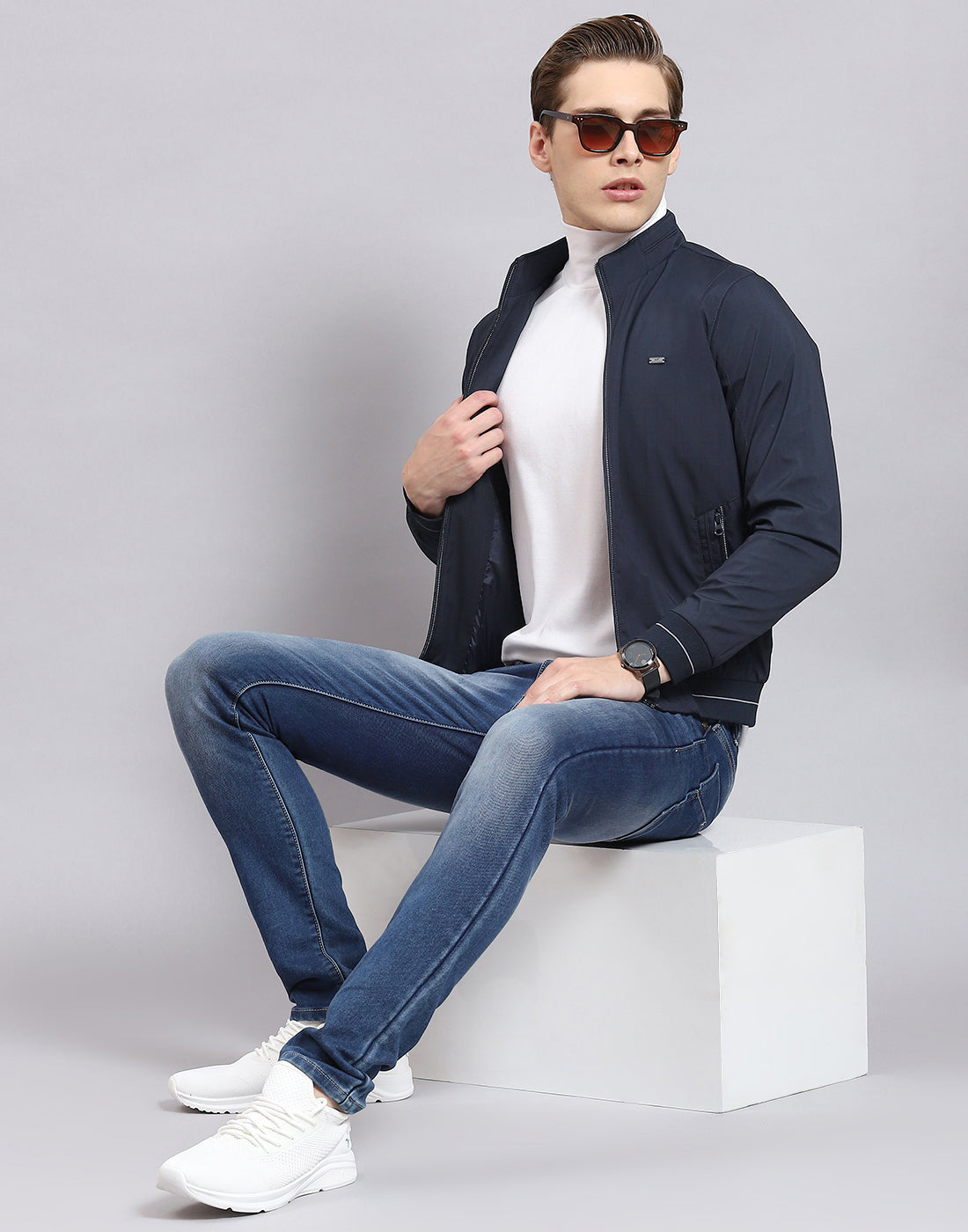 Men Navy Blue Printed Stand Collar Full Sleeve Jacket