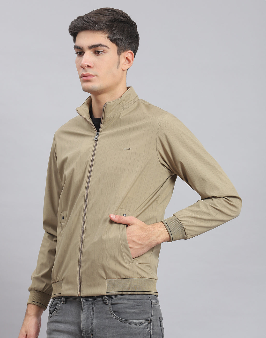 Men Brown Stripe Stand Collar Full Sleeve Jacket