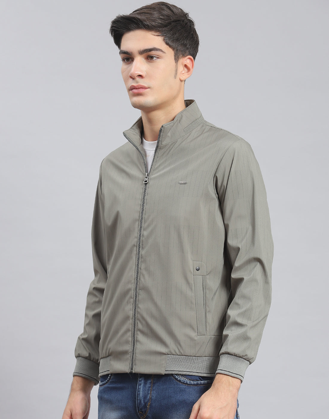 Men Green Stripe Stand Collar Full Sleeve Jacket