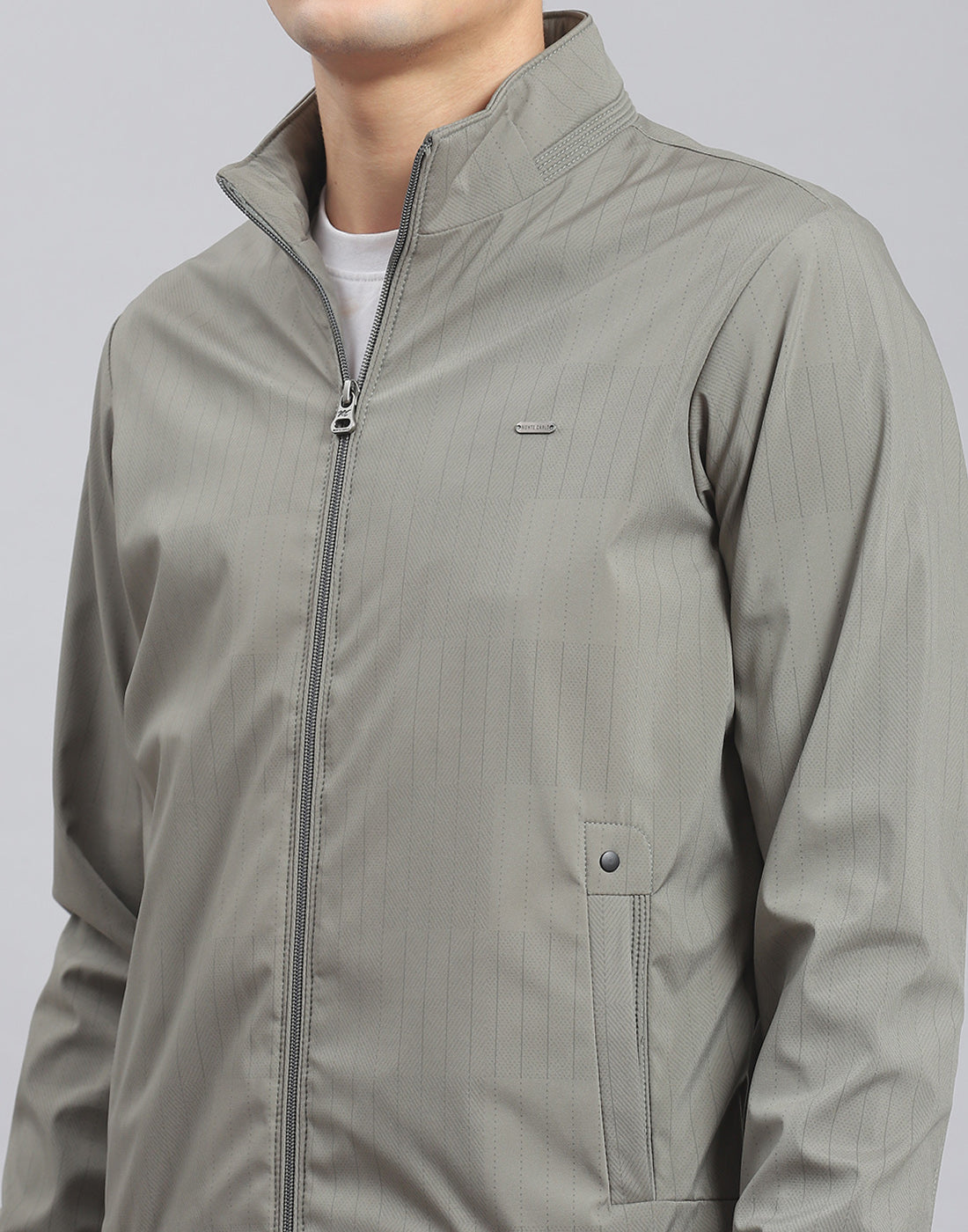 Men Green Stripe Stand Collar Full Sleeve Jacket