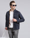 Men Navy Blue Solid Stand Collar Full Sleeve Jacket