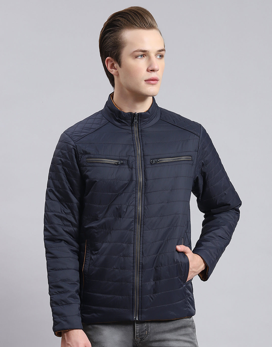Men Navy Blue Solid Stand Collar Full Sleeve Jacket