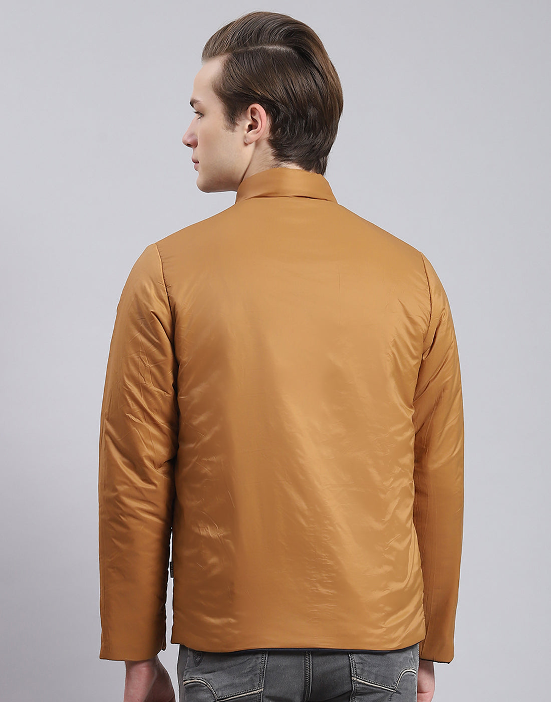 Men Navy Blue Solid Stand Collar Full Sleeve Jacket