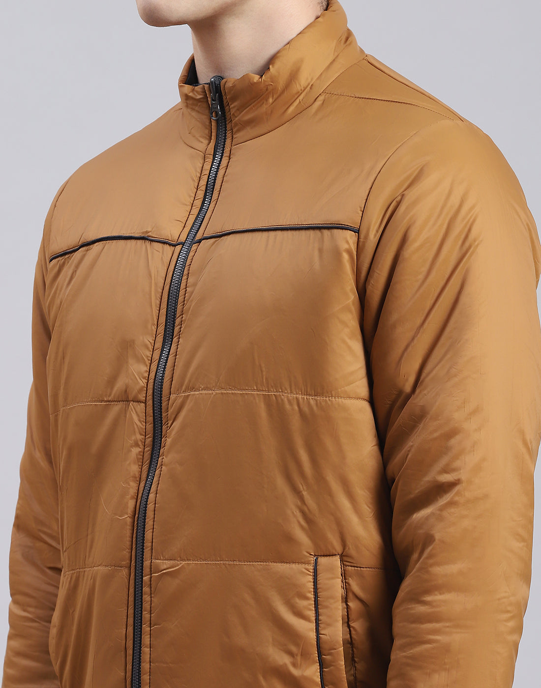 Men Navy Blue Solid Stand Collar Full Sleeve Jacket