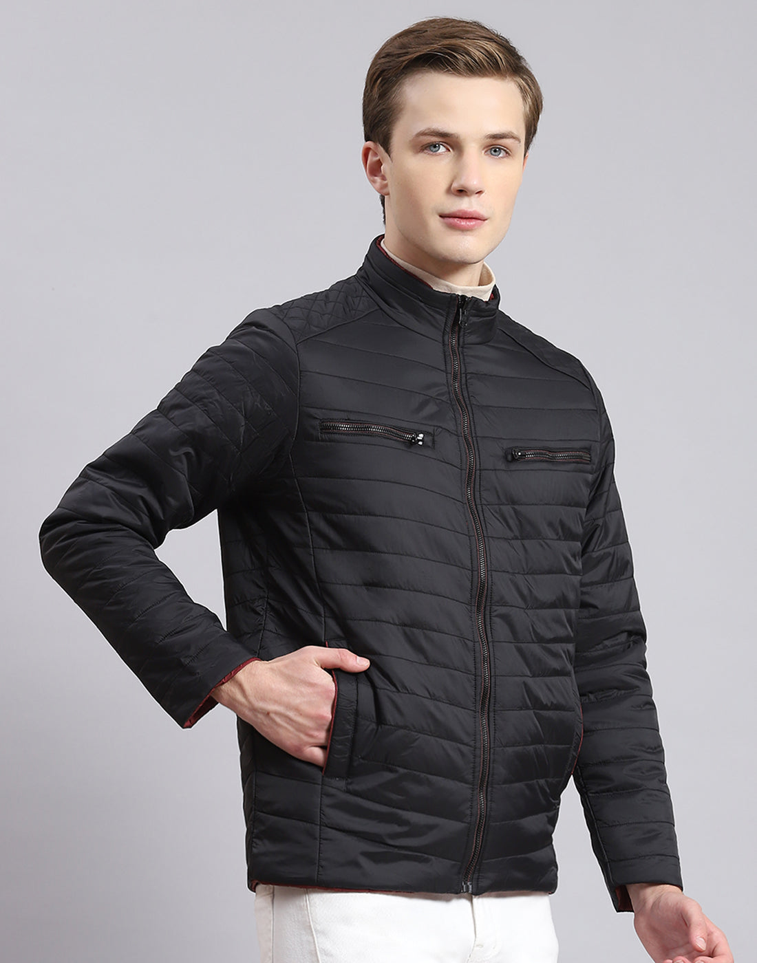 Men Black Solid Stand Collar Full Sleeve Jacket