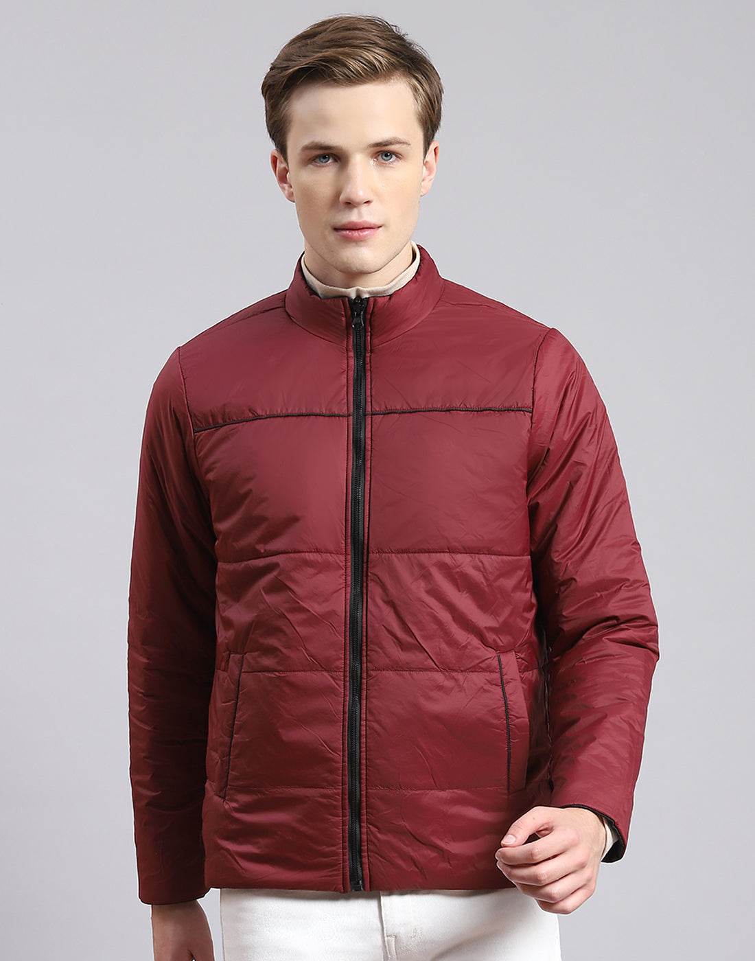 Men Black Solid Stand Collar Full Sleeve Jacket