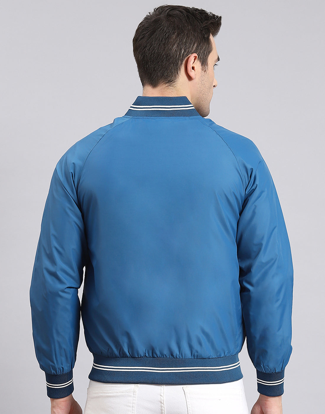 Men Blue Solid Mandarin Collar Full Sleeve Jacket