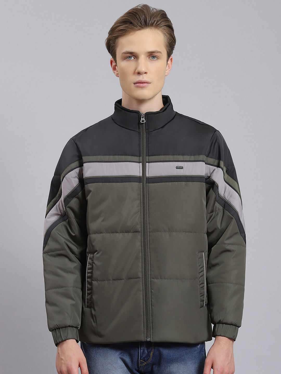 Men Green Solid Stand Collar Full Sleeve Jacket