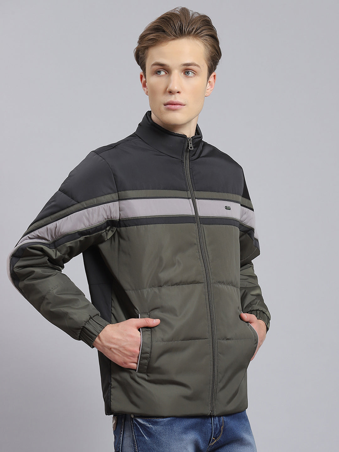 Men Green Solid Stand Collar Full Sleeve Jacket