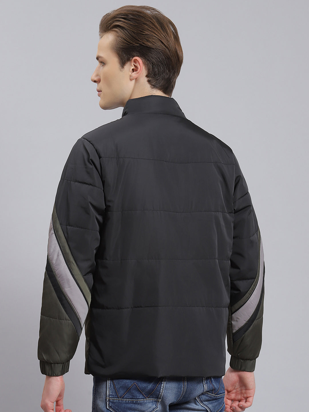 Men Green Solid Stand Collar Full Sleeve Jacket