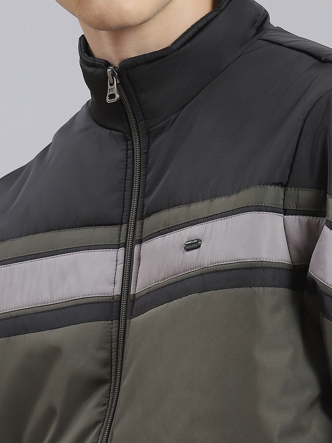 Men Green Solid Stand Collar Full Sleeve Jacket