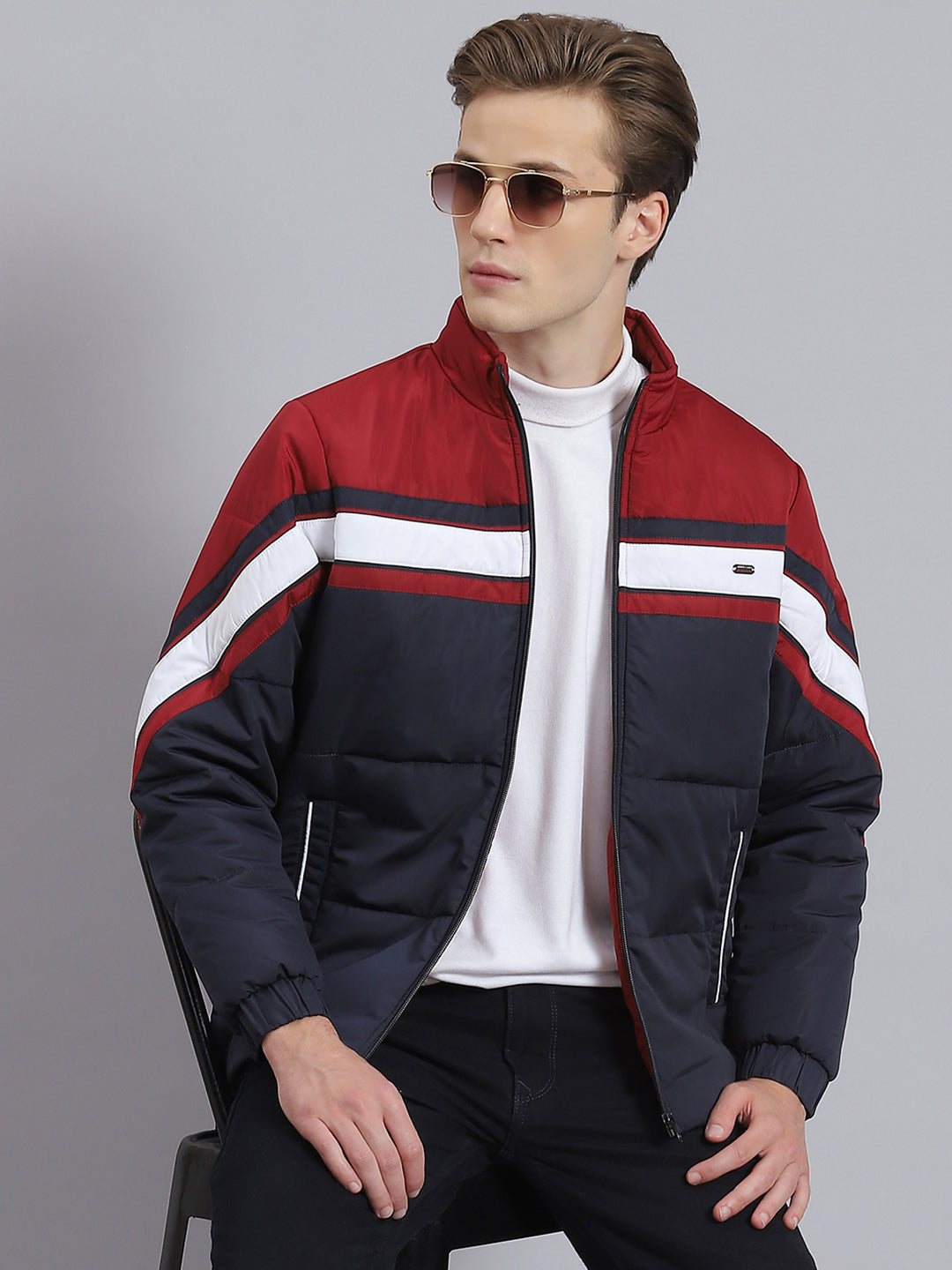 Men Navy Blue Solid Stand Collar Full Sleeve Jacket