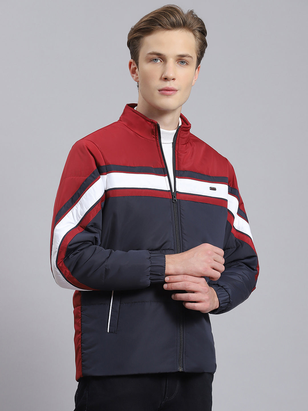 Men Navy Blue Solid Stand Collar Full Sleeve Jacket