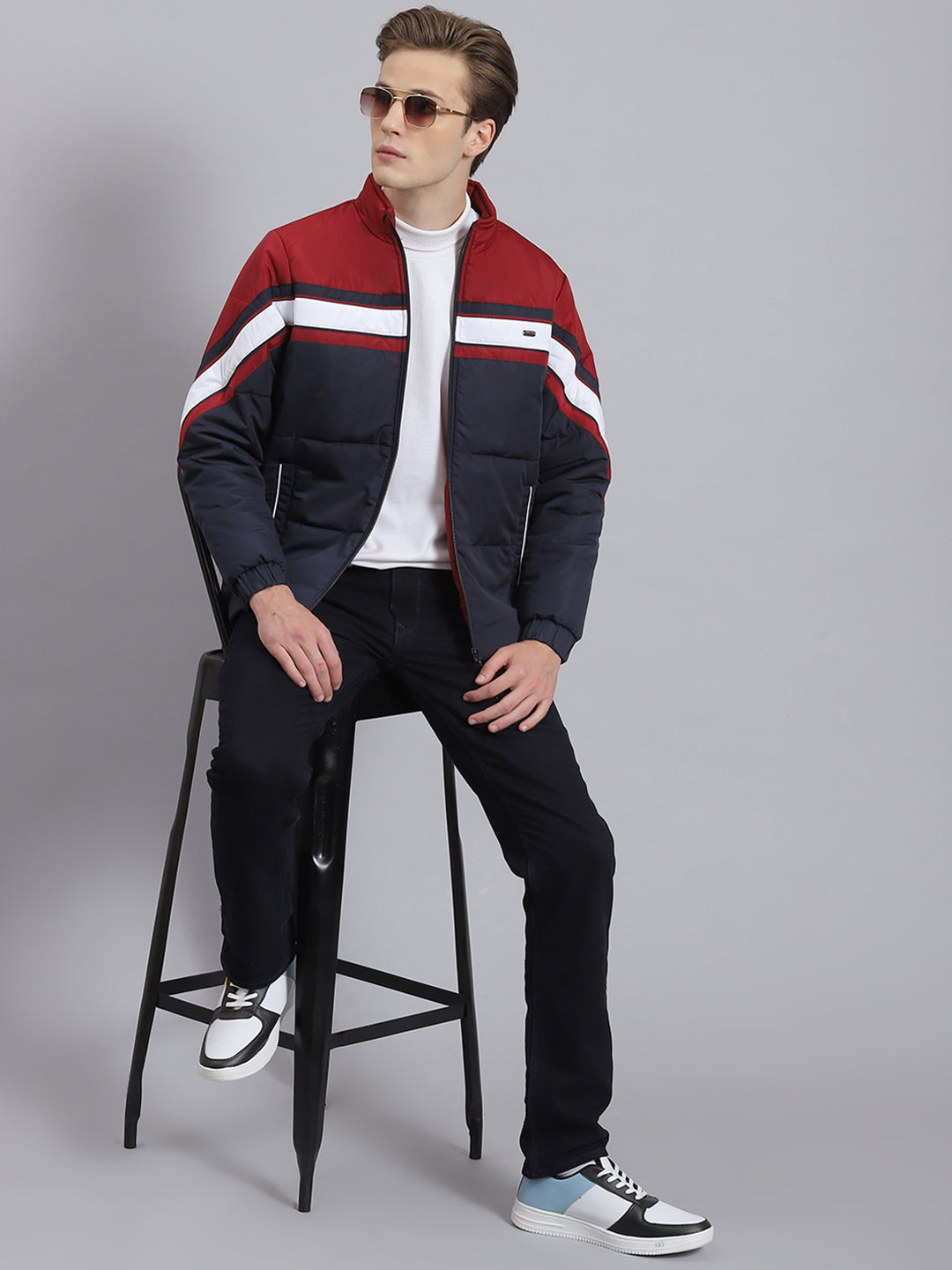 Men Navy Blue Solid Stand Collar Full Sleeve Jacket